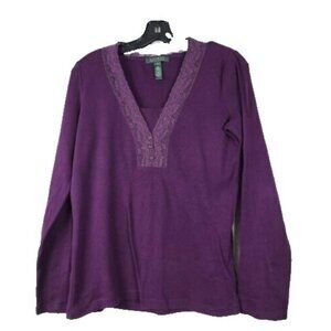 Lauren Ralph Lauren Womens Top Medium Purple V Neck Lace Trim Long Sleeve Preppy